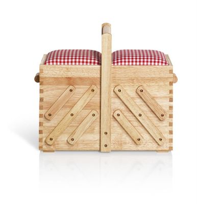 Houten naaibox licht eiken met rood geruite stof