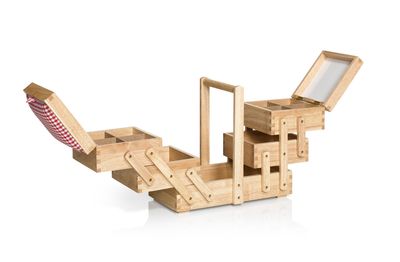 Houten naaibox licht eiken met rood geruite stof