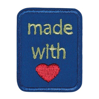 Geborduurd label "made with love" blue