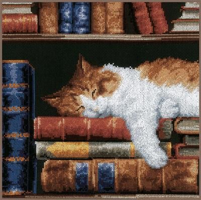 Kruissteek borduurpakket "Slapende kat op boekenrek"