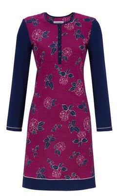 Ringella Dames slaapkleed: 100% Katoen blauw met bordeau