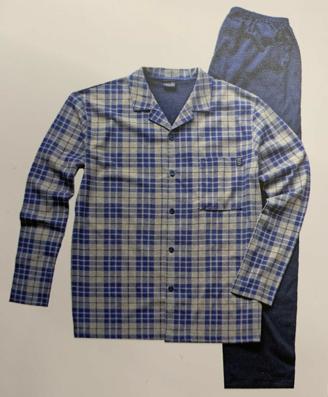Ammann Heren doorknoop pyjama: Blauw / grijs 100% Katoen