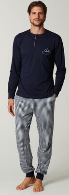 Happy People Heren Pyjama: Blauw, 100% Katoen, carree broek