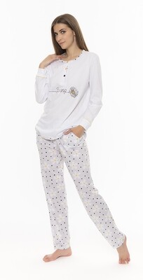 Gary Dames Pyjama: 100% katoen, Wit / grijs