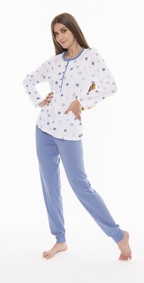 Gary Dames Pyjama: 100% katoen, Wit / Blauw