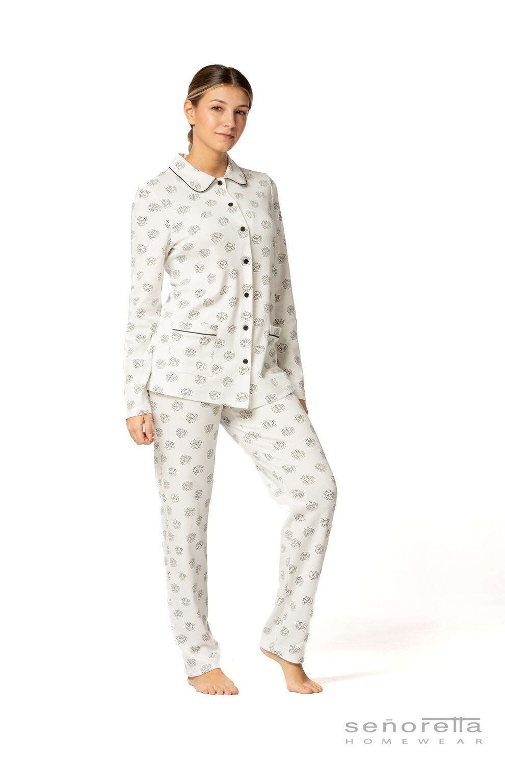 Egatex Dames pyjama interlock: Wit / zwart, Doorknoop