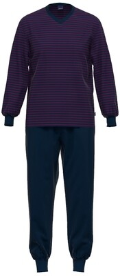 Ammann Heren Pyjama: Blauw / Bordeau, Interlock ( Winterkatoen )