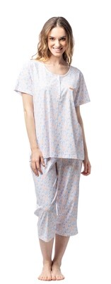 Egatex Dames Pyjama: Ecru / oranje, Korte mouw + 3/4 broek