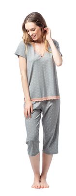 Egatex Pyjama: Grijs geprint, Korte mouw, 3/4 broek