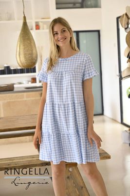 Ringella Nachthemd dames: Blauw / wit, gefronste boorden