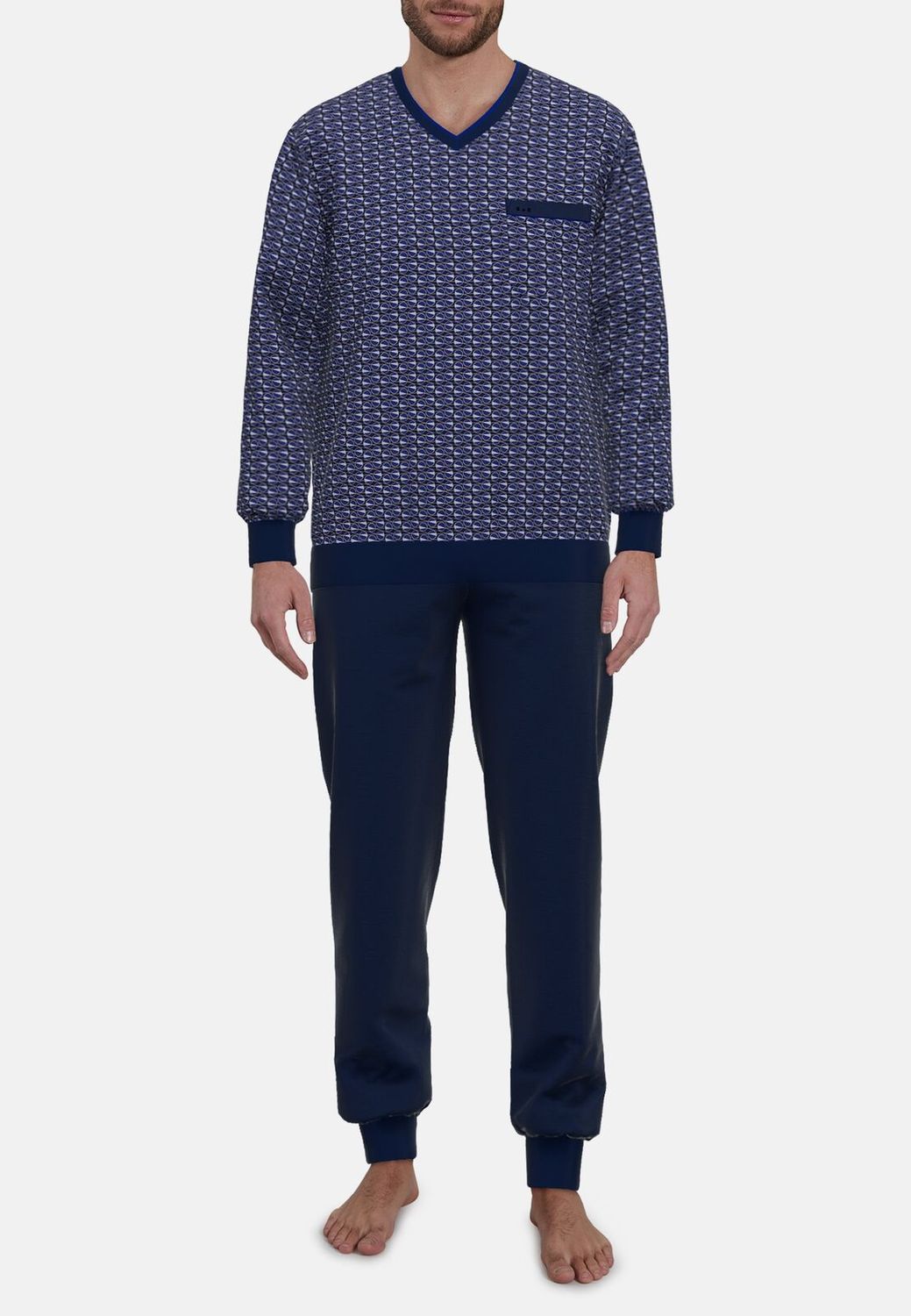 Gotzburg Heren Pyjama: Blauw, V hals, lange mouwen