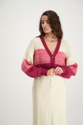 Signe Nature Cardigan met knopen: Ecru / Magenta