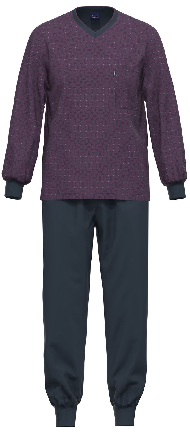 Ammann heren pyjama: Blauw / bordeaux, 100% Katoen