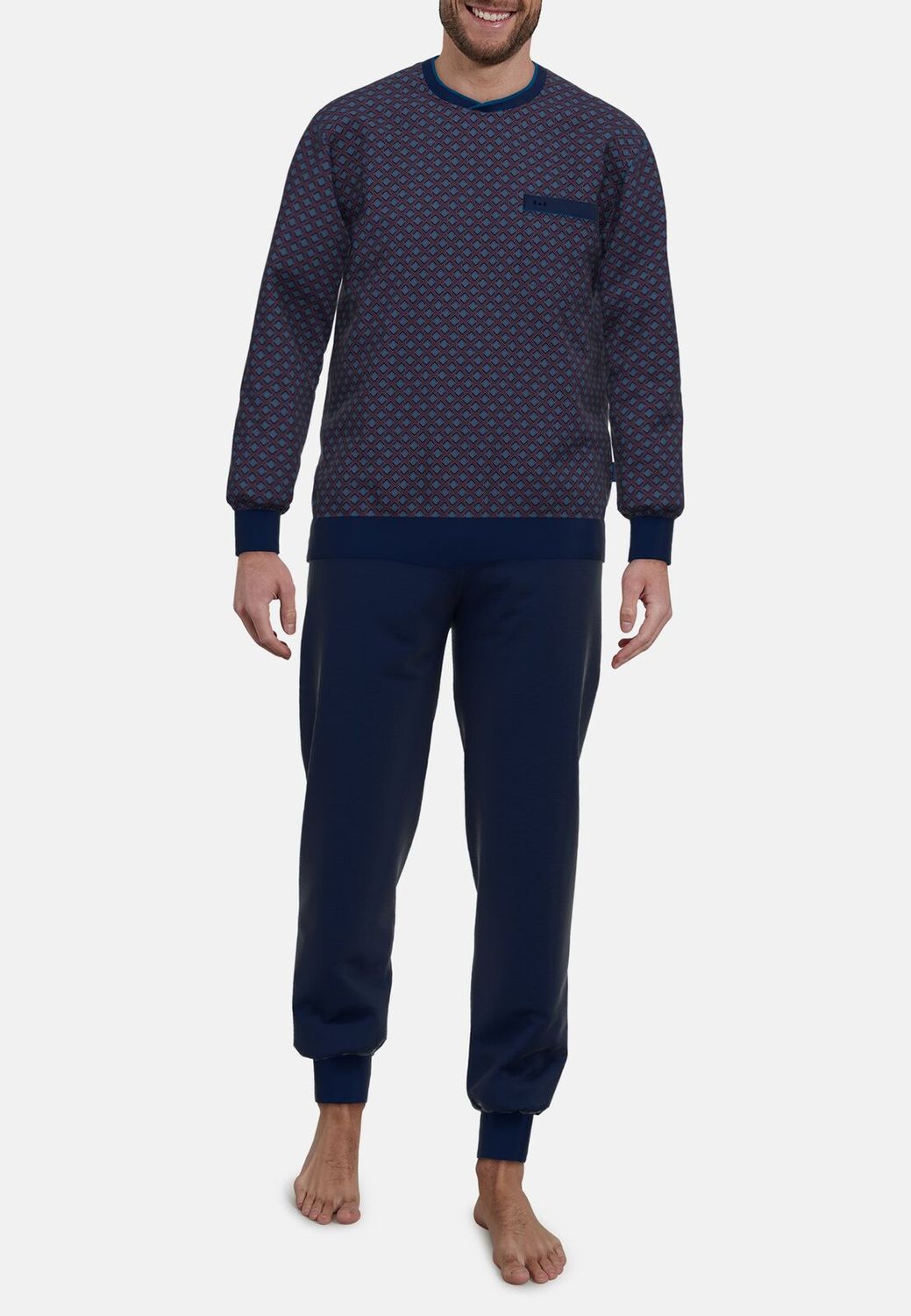 Gotzburg Heren Pyjama: Bordeaux geprint, V hals