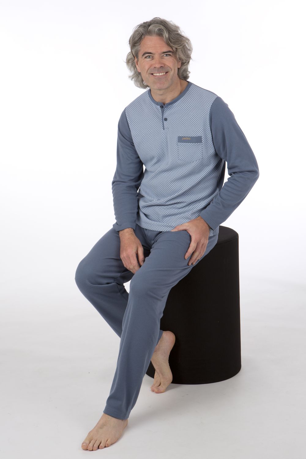 Perlina Heren Pyjama: Remus, Gemoltoneerd blauw