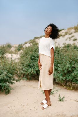 Signe Nature Dames rok: Beige Linnen lang met split vooraan