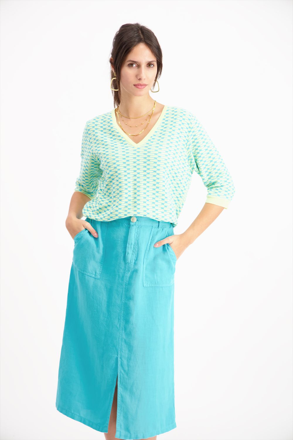 Signe nature Pull: 3/4 mouw, los gebreid, Lime kleur