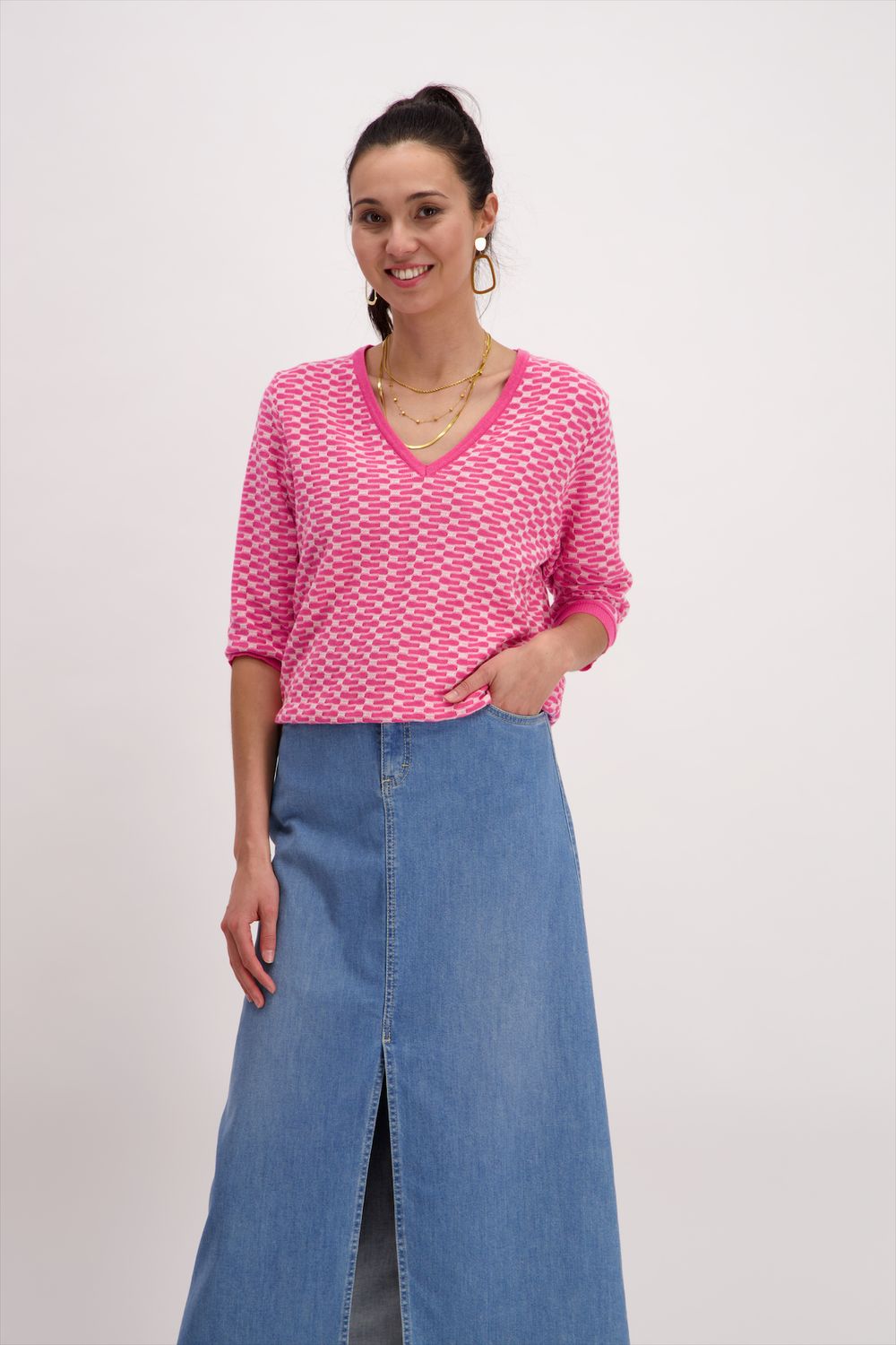 Signe nature Pull: 3/4 mouw, los gebreid, Fushia