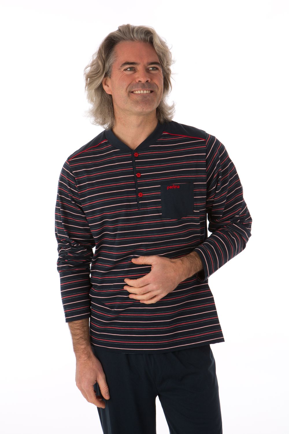 Perlina Heren pyjama: Antoon, Lange mouw, Korte broek en lange broek, Donker Blauw