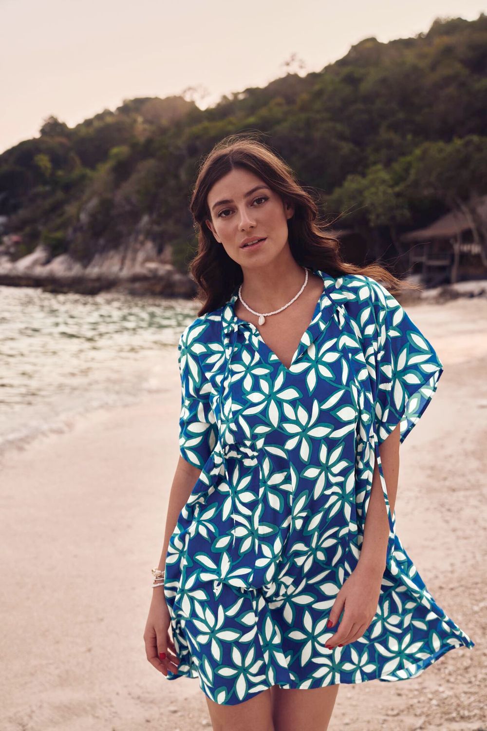 Anita Strandkleed: Tahiti, blauw geprint