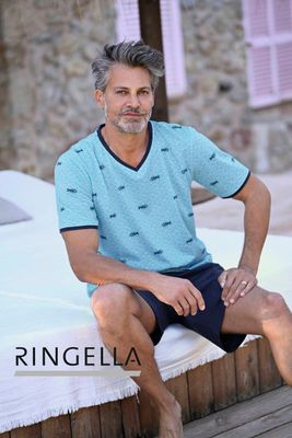 Ringella heren pyjama: Blauw met haaien / vissen motief