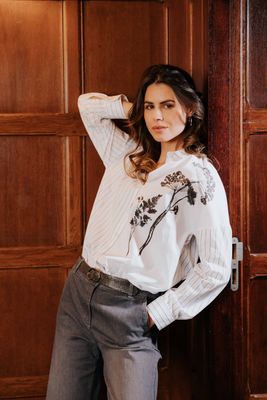 Signe Nature dames bloes: wit, bedrukking in zwart