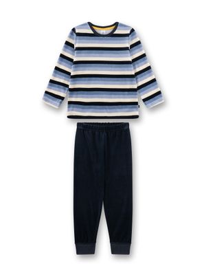 Sanetta Pyjama Jongens: Blauw gestreept, Velours stof ( warm )