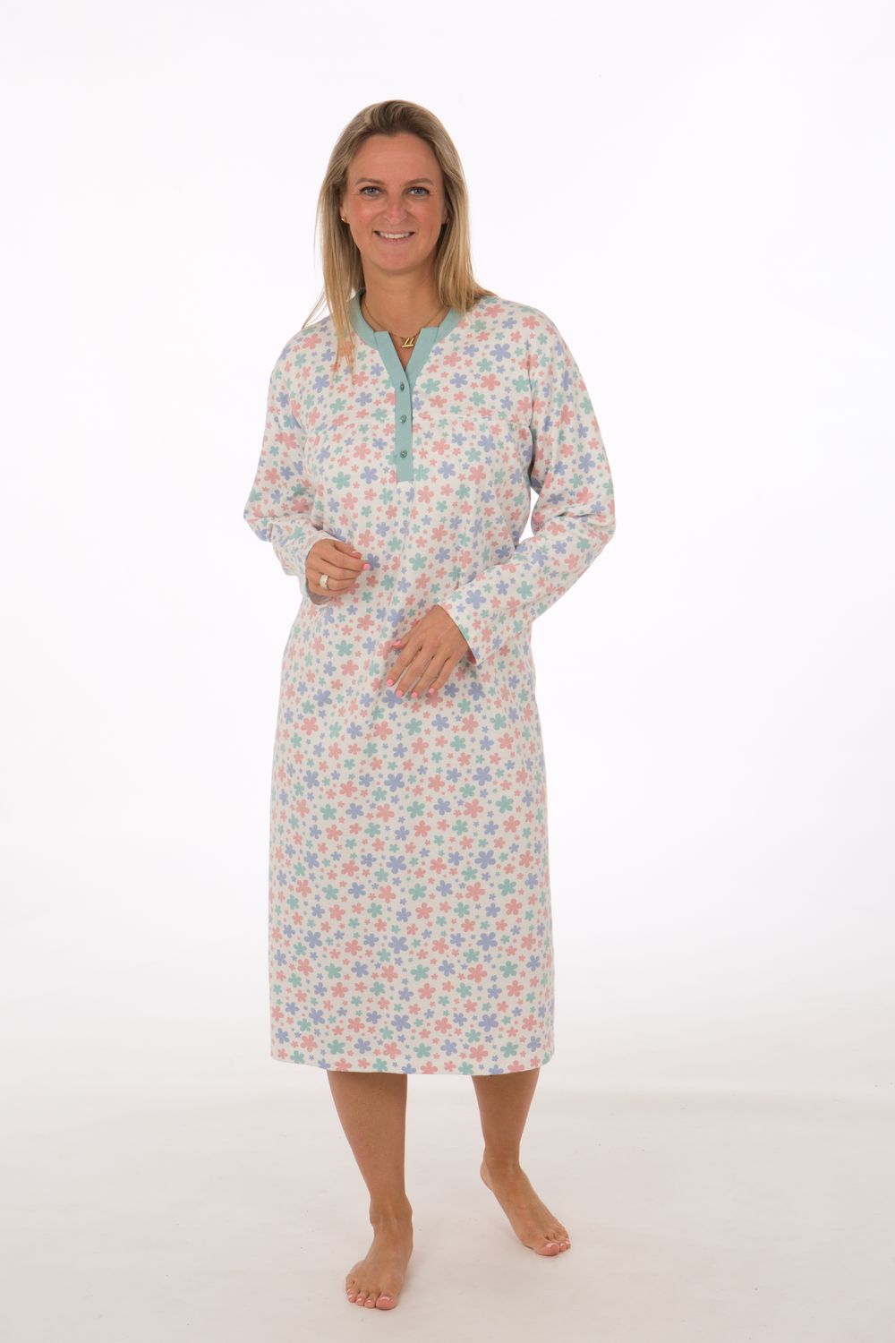 Perlina Pyjama Dames: Jolien A, Gemoltoneerd, Opal tot 4XL, lengte 115cm