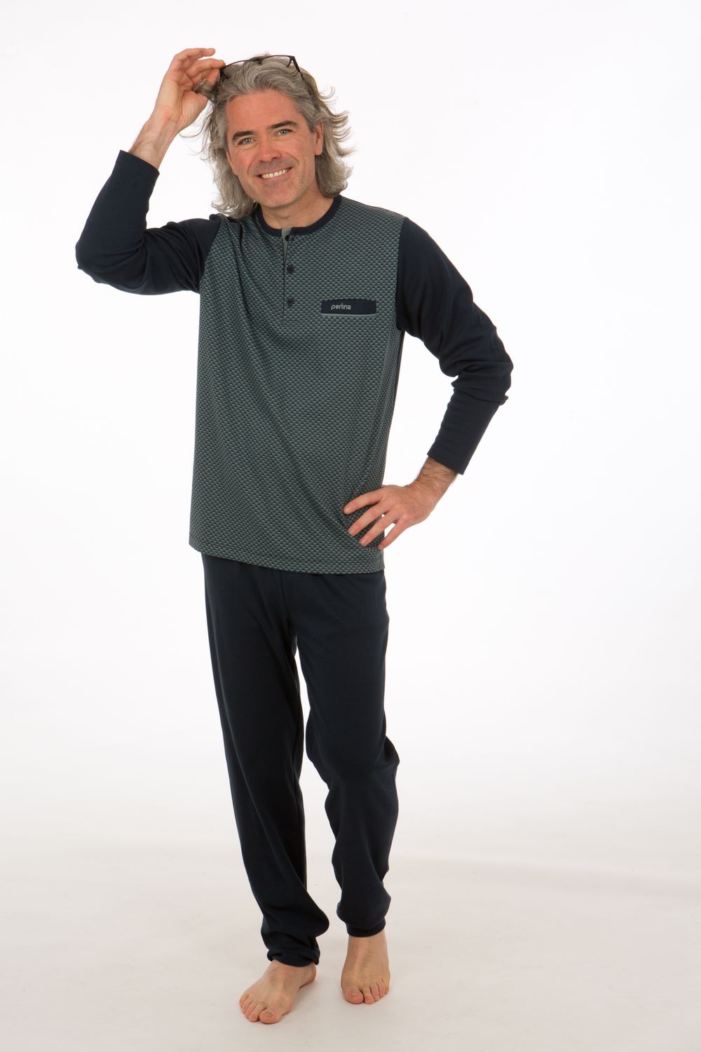 Perlina Heren Pyjama: Otto, interlock brushed, navy tot 4XL