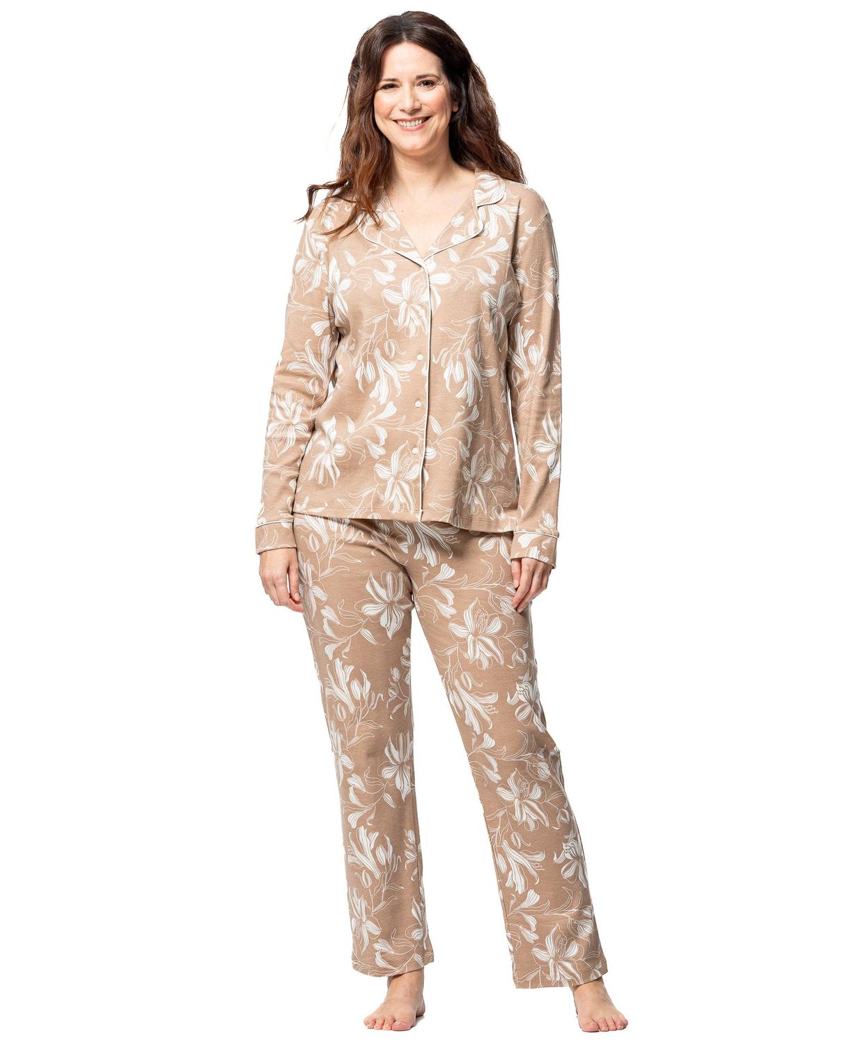 Egatex dames Pyjama: Camel / ecru Doorknoop model