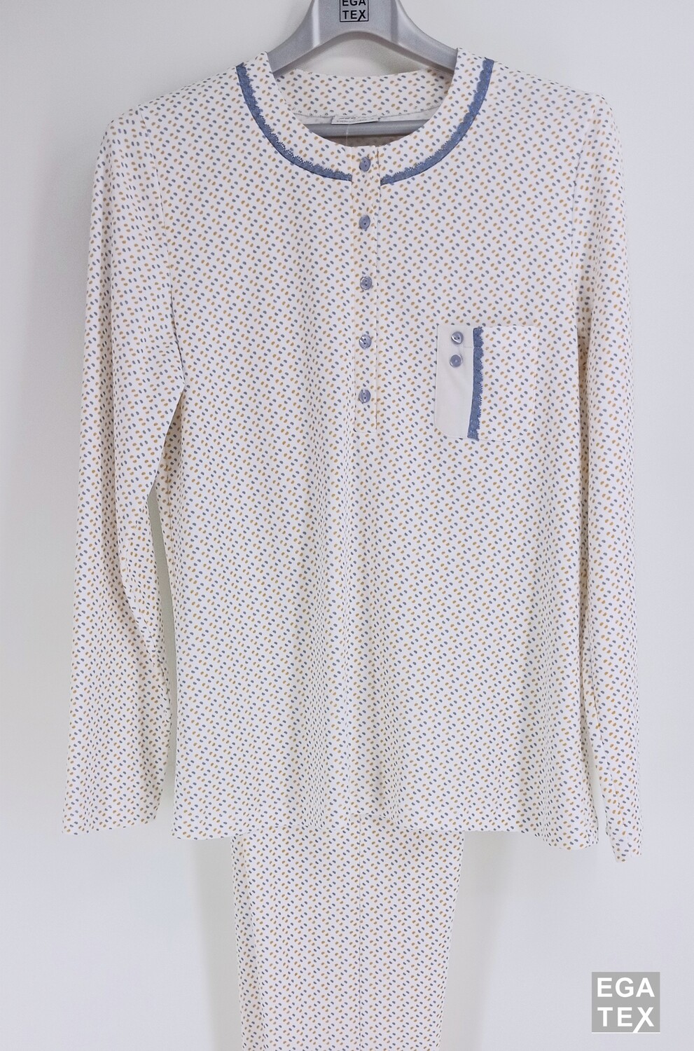 Egatex Dames pyjama: Interlock, Ecru / blauw
