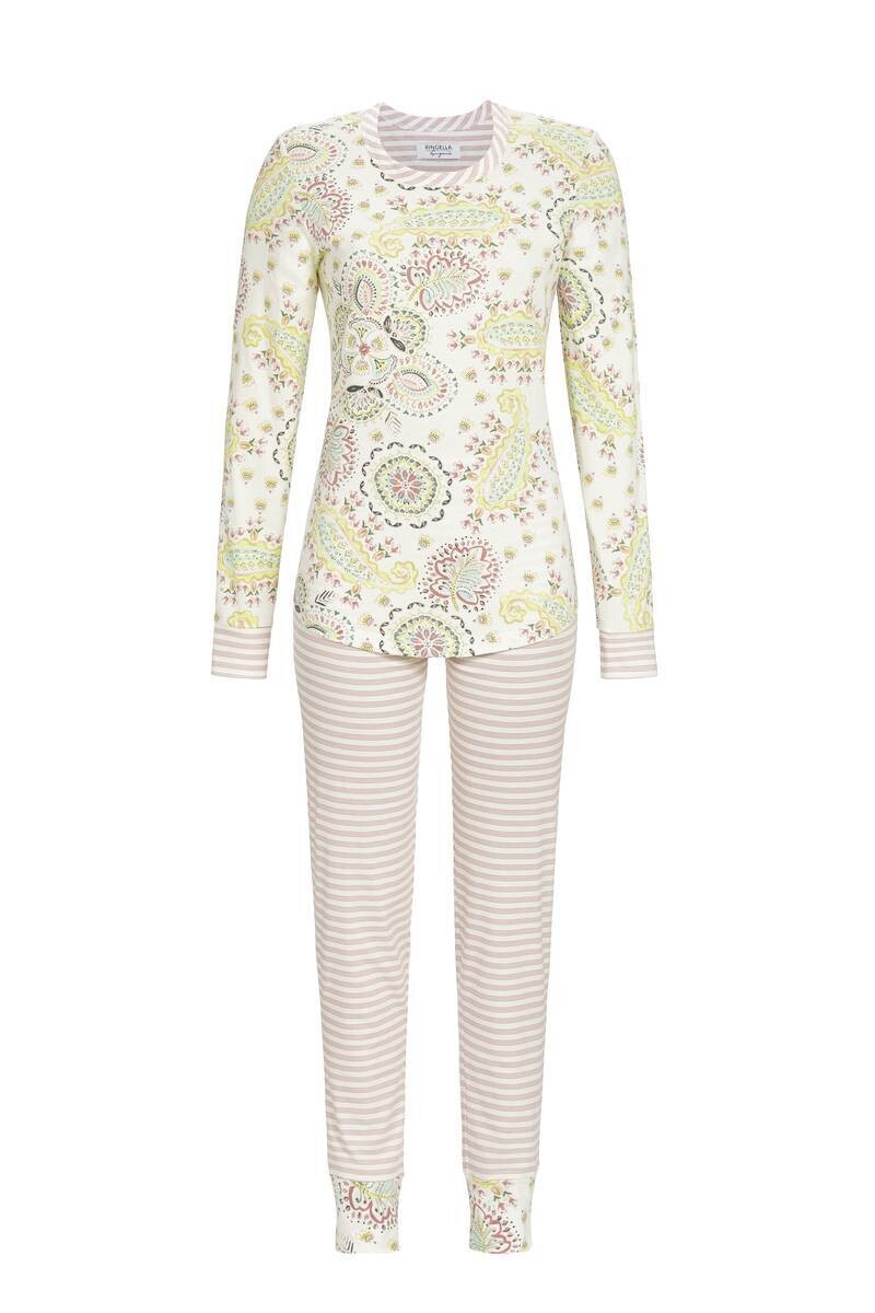 Ringella Dames pyjama: Ecru / roze print, lange mouw, modal / katoen