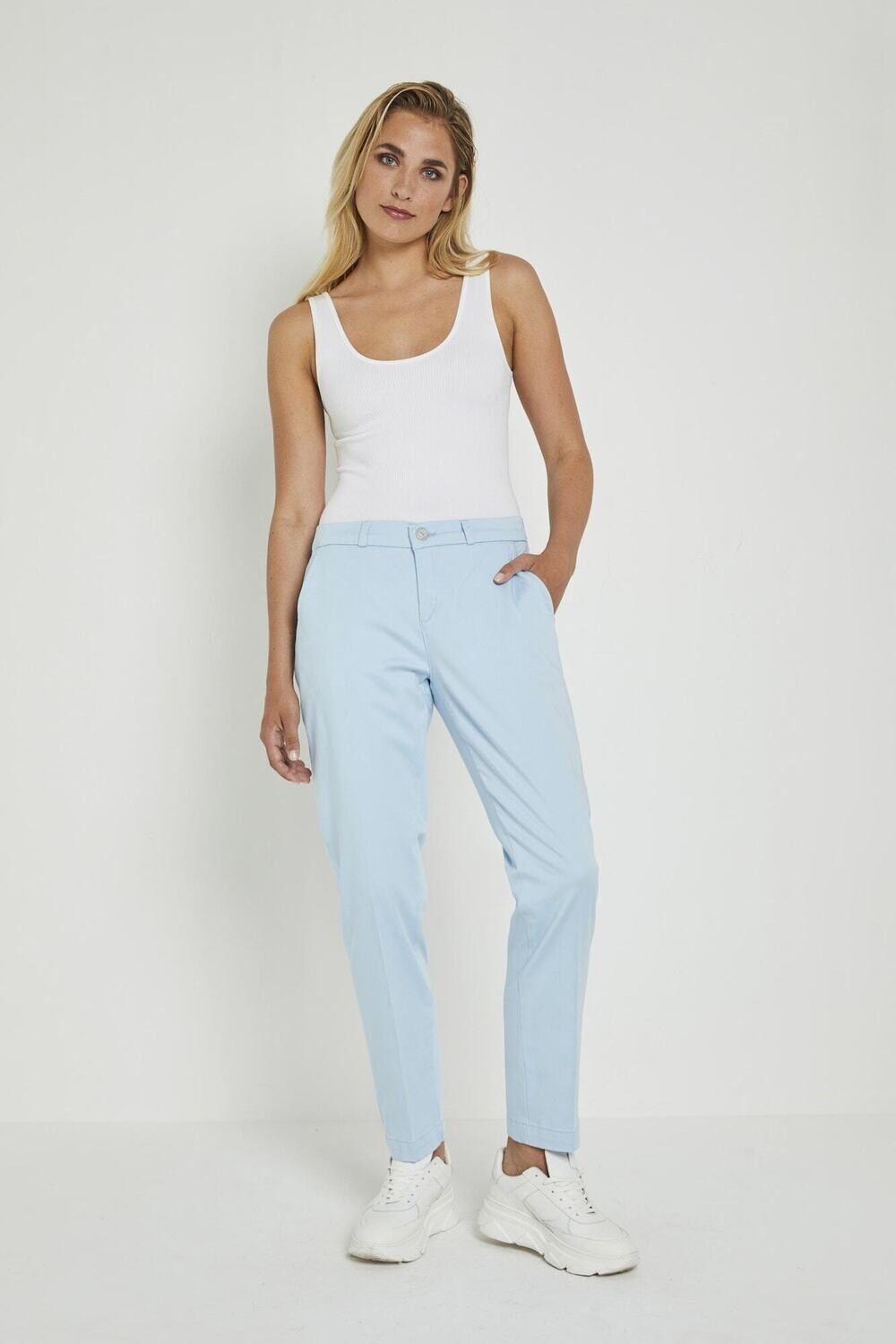 Para Mi broek Cate, Cigarette fit : Light blue elastiek in de lenden, Satin Cotton