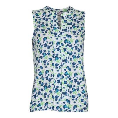 She Goes LaLa  Dames Mouwloze Bloes: Blauw gebloemd