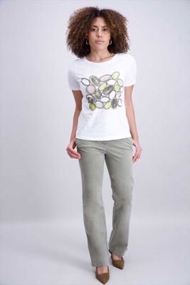 Signe Nature T-Shirt: Wit met kaki motief
