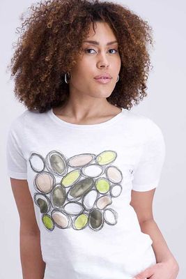 Signe Nature T-Shirt: Wit met kaki motief