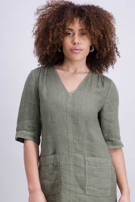 Signe Nature Dames kleed: Linnen, Kaki, korte mouw