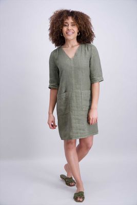 Signe Nature Dames kleed: Linnen, Kaki, korte mouw