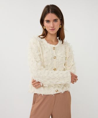 Esqualo Cardigan: Ecru, Lange Mouw, met fringes