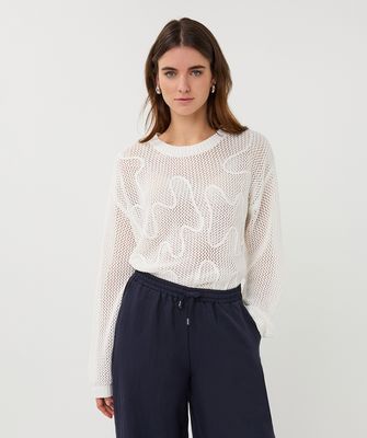 Esqualo Dames zomer trui: Wit, grof gebreid, 3d banden