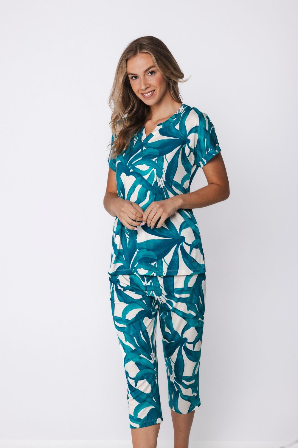 Pastunette Dames Pyjama: Turquoise, korte mouw - kniebroek