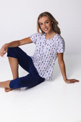 Pastunette Dames Pyjama: Dark Blue, Korte mouw / knie broek