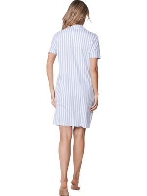 Pastunette dames nachthemd: Blauw gestreept, Doorknoop model, Korte mouw