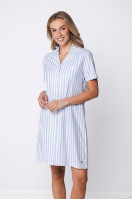 Pastunette dames nachthemd: Blauw gestreept, Doorknoop model, Korte mouw