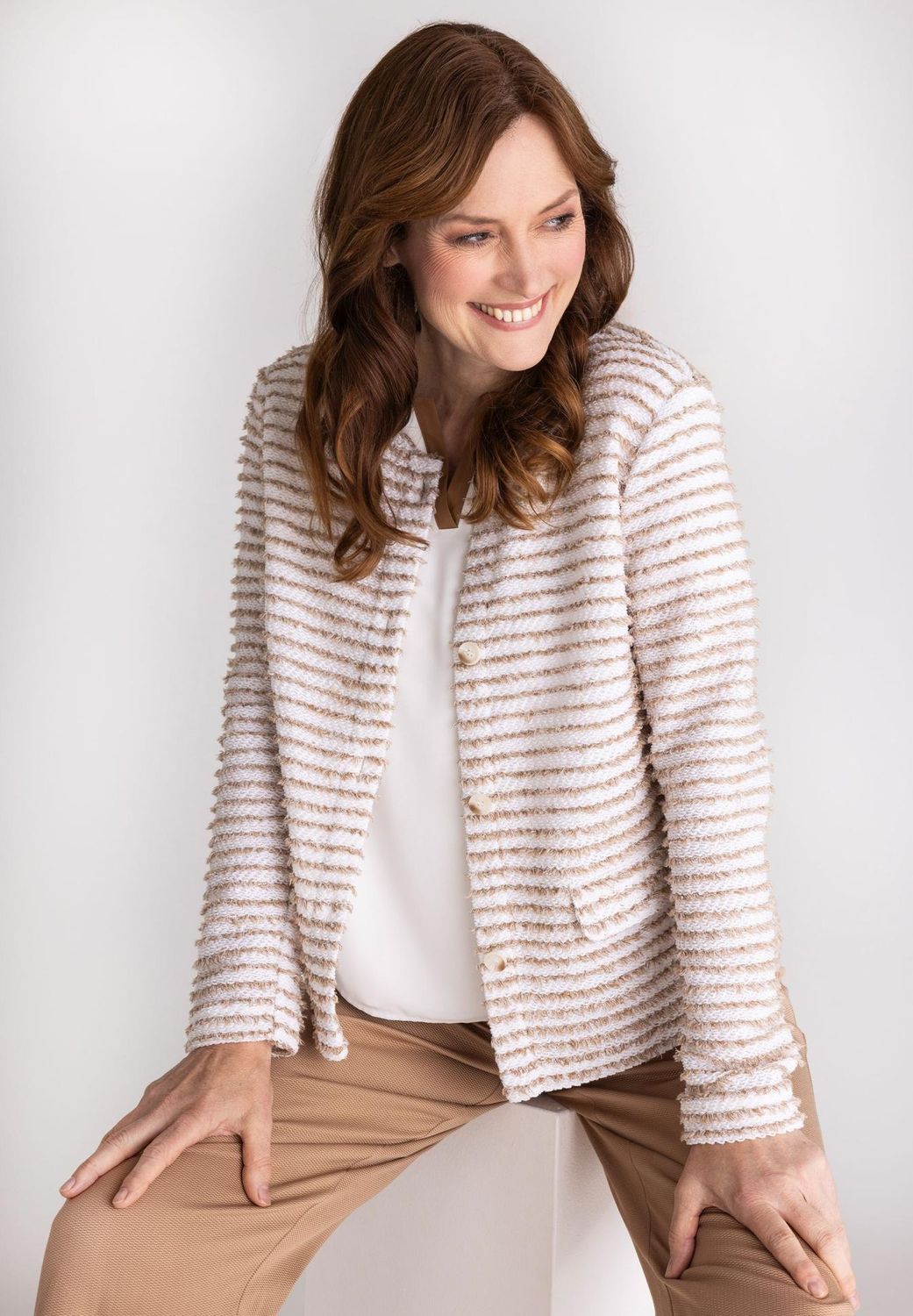 Frank Walder Blazer: Camel / wit, Met knopen