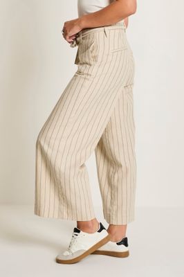 Para Mi Linnen Broek: Cloë Belt, Striped linnen, Sand kleur / Navy
