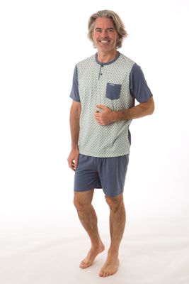 Perlina Heren Pyjama: Aiden, Jeans Blauw, korte mouw / short