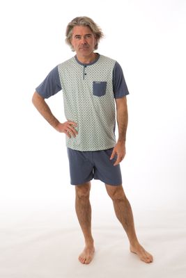 Perlina Heren Pyjama: Aiden, Jeans Blauw, korte mouw / short