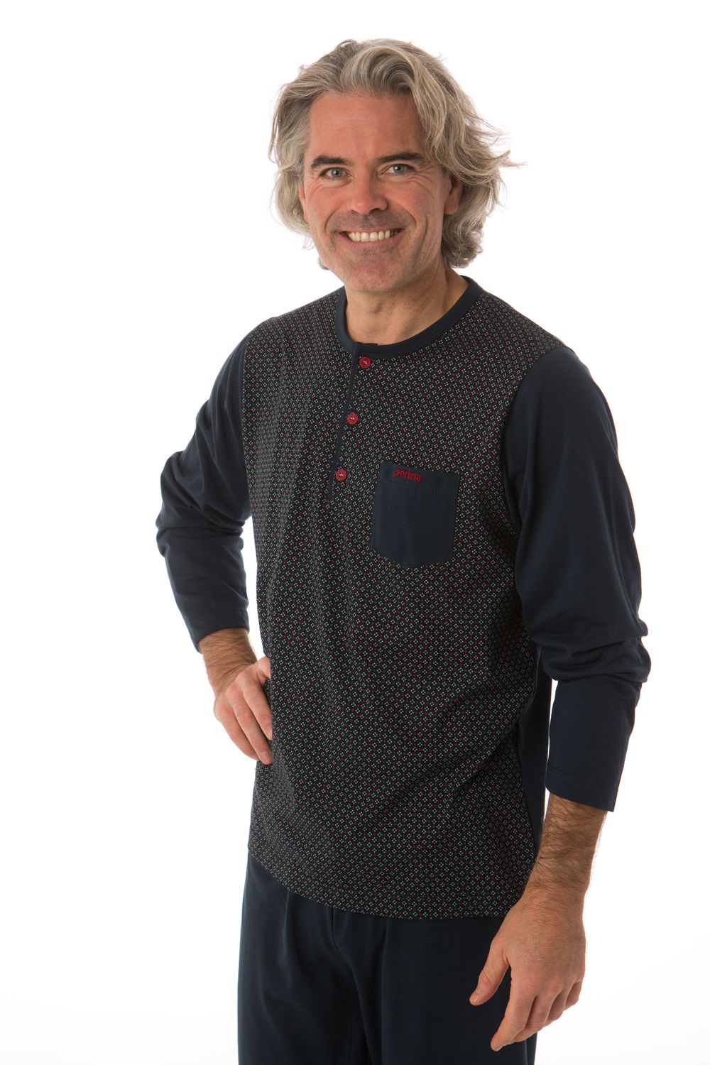 Perlina Heren Pyjama: Abem, Blauw, rechte broek