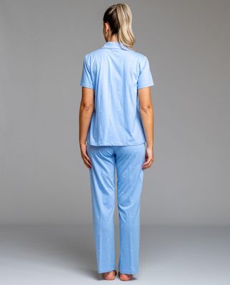Egatex Dames pyjama: Blauw, Doorknoop model, korte mouw en lange broek